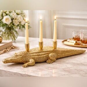 Gold Gator!  Eclectic Resin Solid Candle Holder - Gold Finish